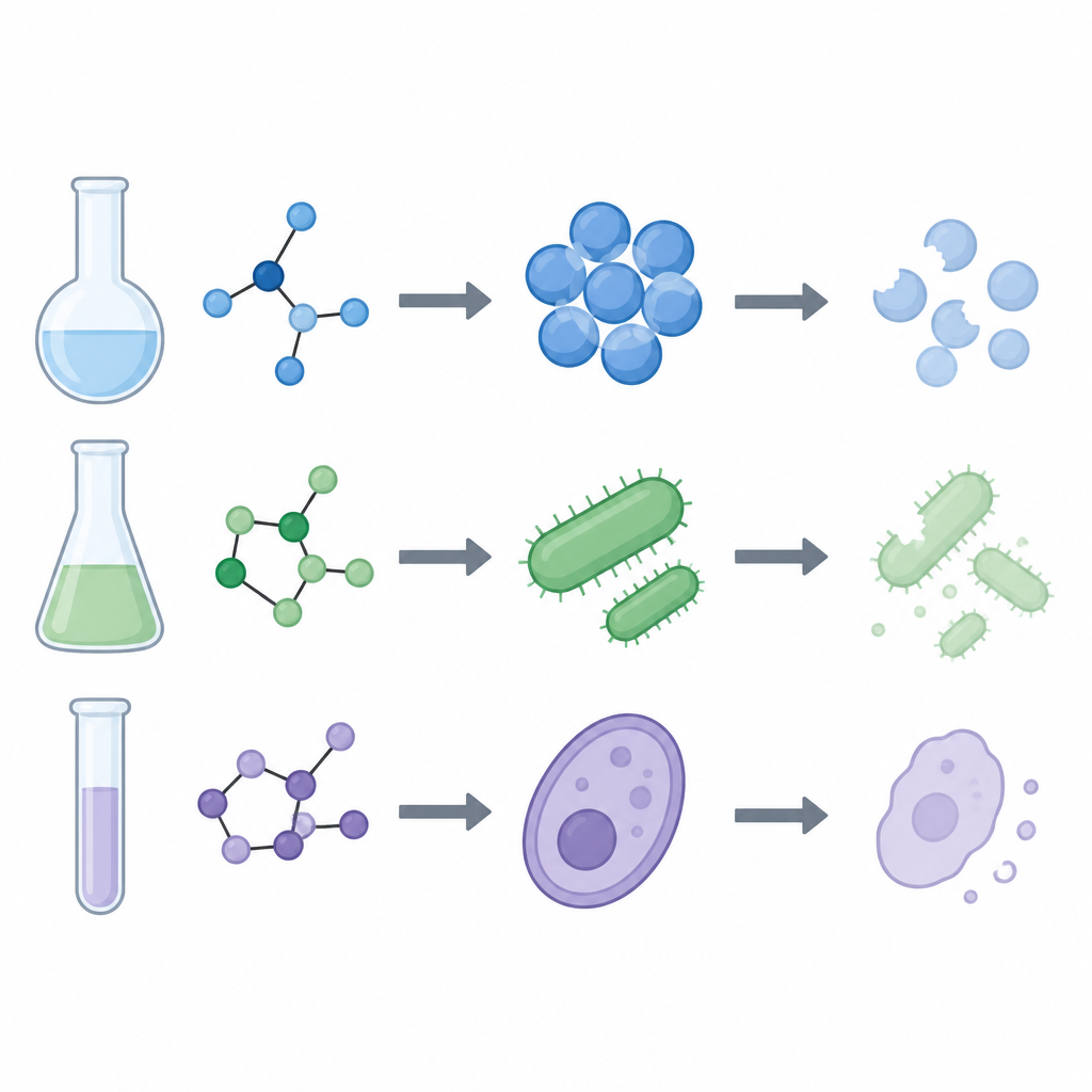 Figure 1. Nieuw in het laboratorium gemaakte moleculen gaan van ontwerp naar testfase om bacteriën en schimmels te verzwakken in een eenvoudige oorzaak-en-gevolgoverzicht.