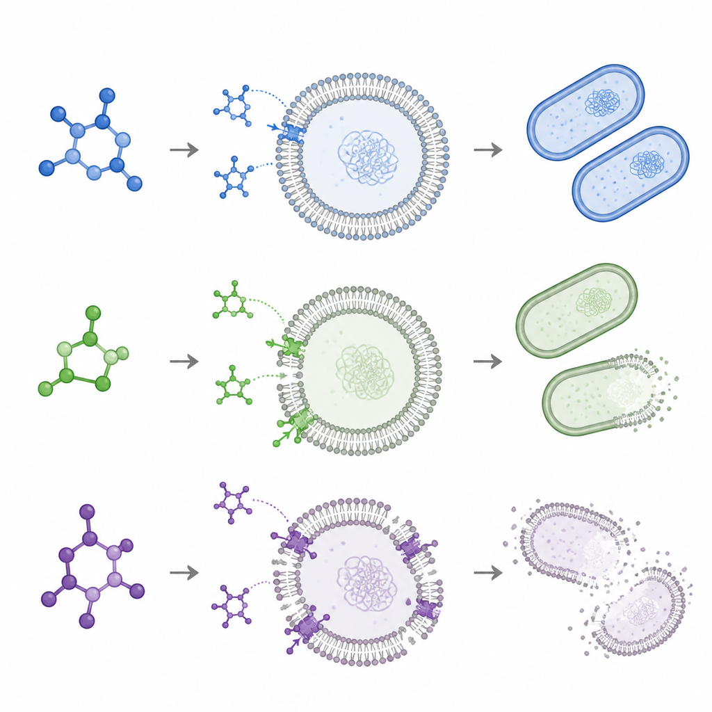 Figure 2. Verschillende molecuulontwerpen beïnvloeden microbemembranen zodat sommige cellen intact blijven terwijl andere zichtbaar beschadigd of verzwakt raken.