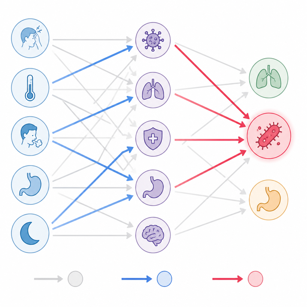 Figure 2. How changing one link in a medical concept network shifts the model’s final diagnosis step by step.