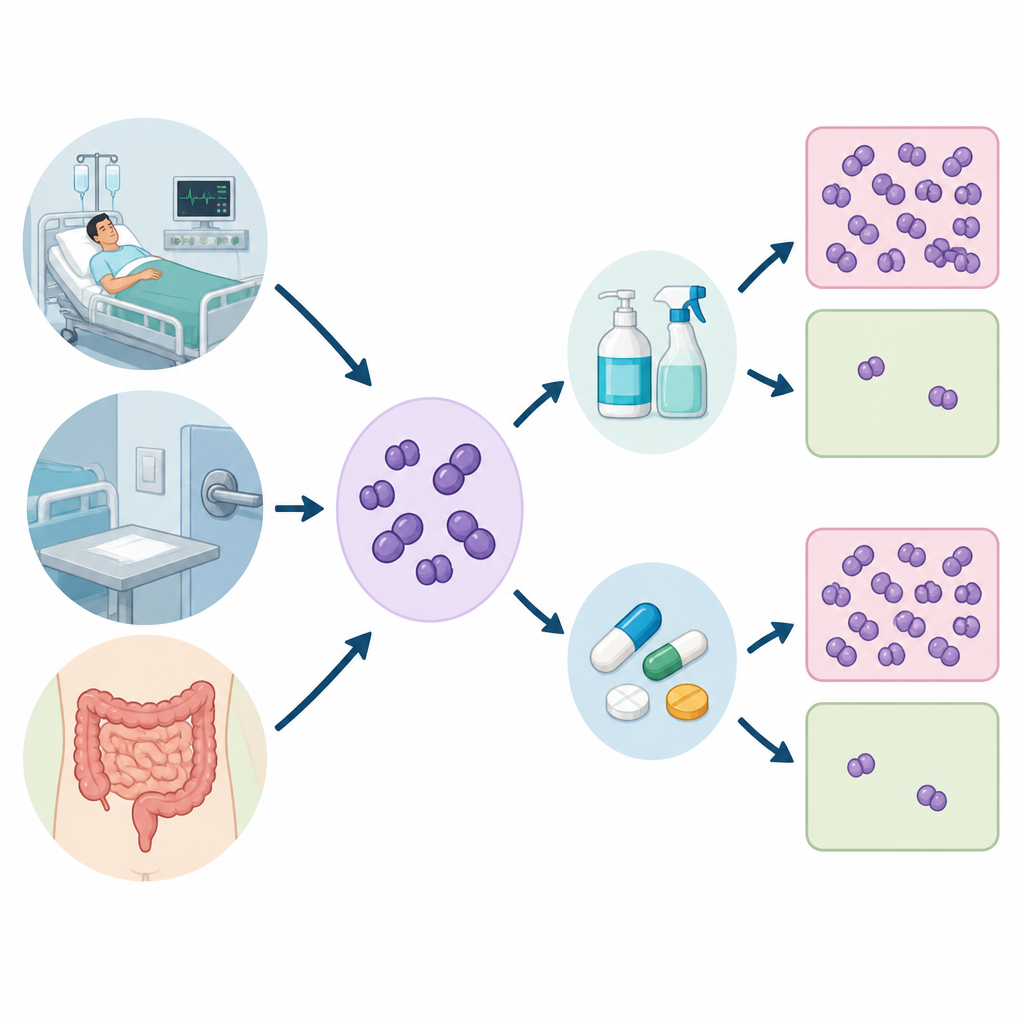 Figure 1. Hoe ziekenhuis-, oppervlak- en darm-Enterococcus reageren op desinfectiemiddelen en antibiotica in verschillende omgevingen