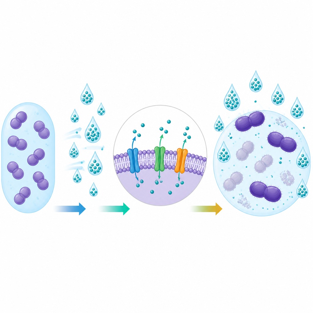 Figure 2. Hoe bacteriële pompen en verdedigingsmechanismen sommige Enterococcus in staat stellen hogere doses desinfectiemiddelen te overleven