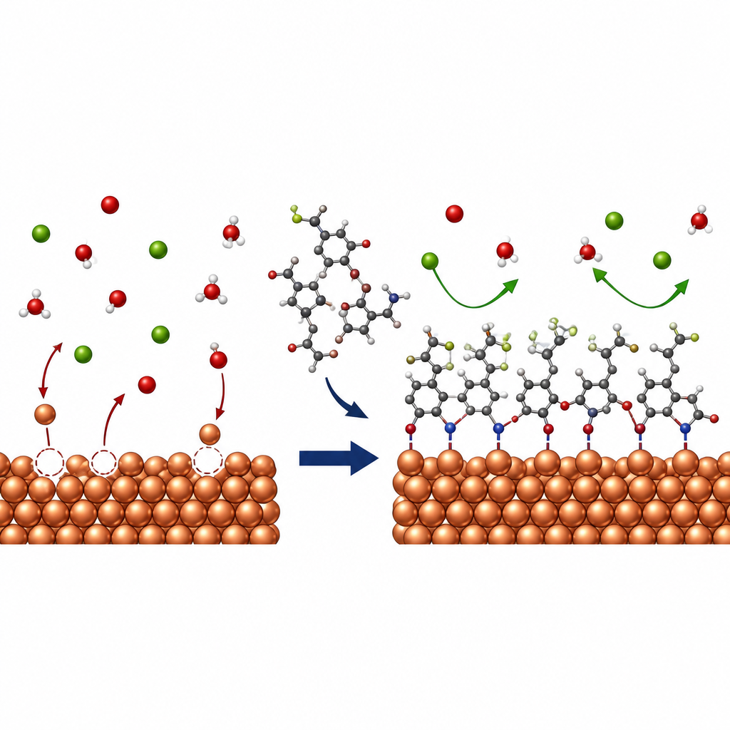 Figure 2. Zoom on drug molecules locking onto copper atoms to form a barrier that pushes corrosive ions away