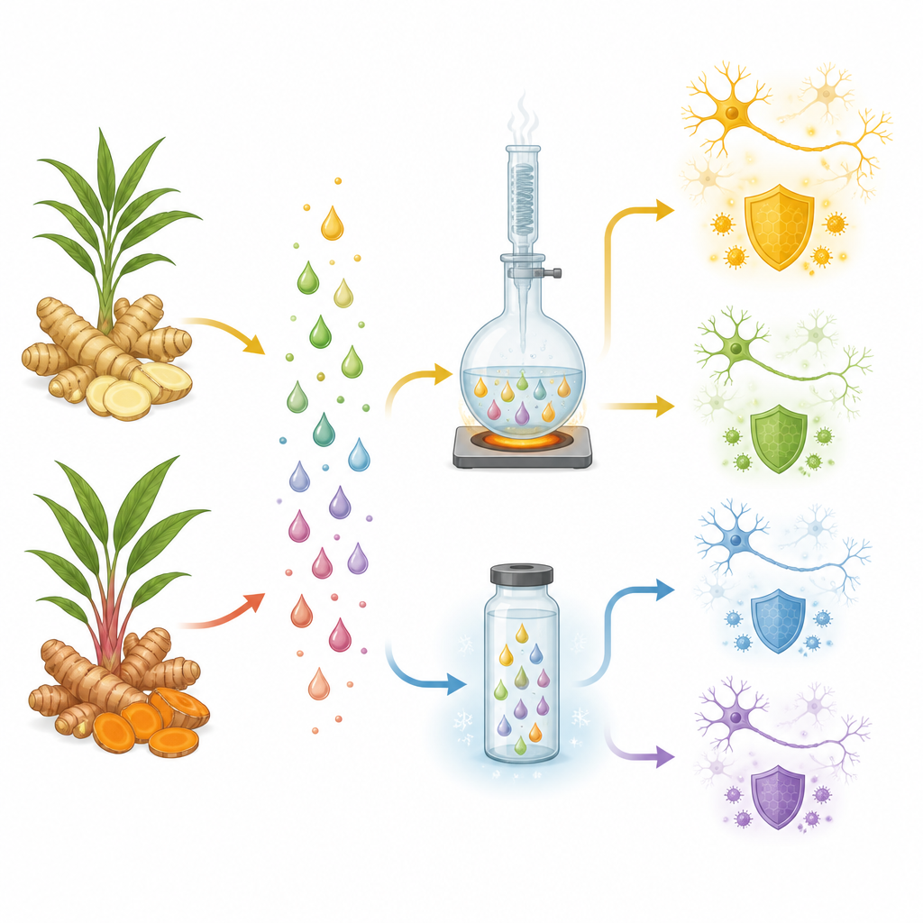 Figure 2. From plant rhizomes through two extraction paths to oils that differ in enzyme blocking and antioxidant strength.