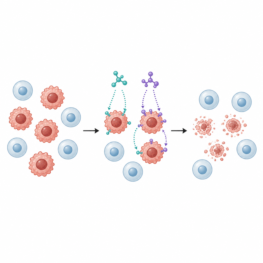 Figure 1. Twee nauw verwante kleine moleculen zetten kankercellen aan tot dood terwijl de meeste gezonde cellen in laboratoriumtests worden gespaard.