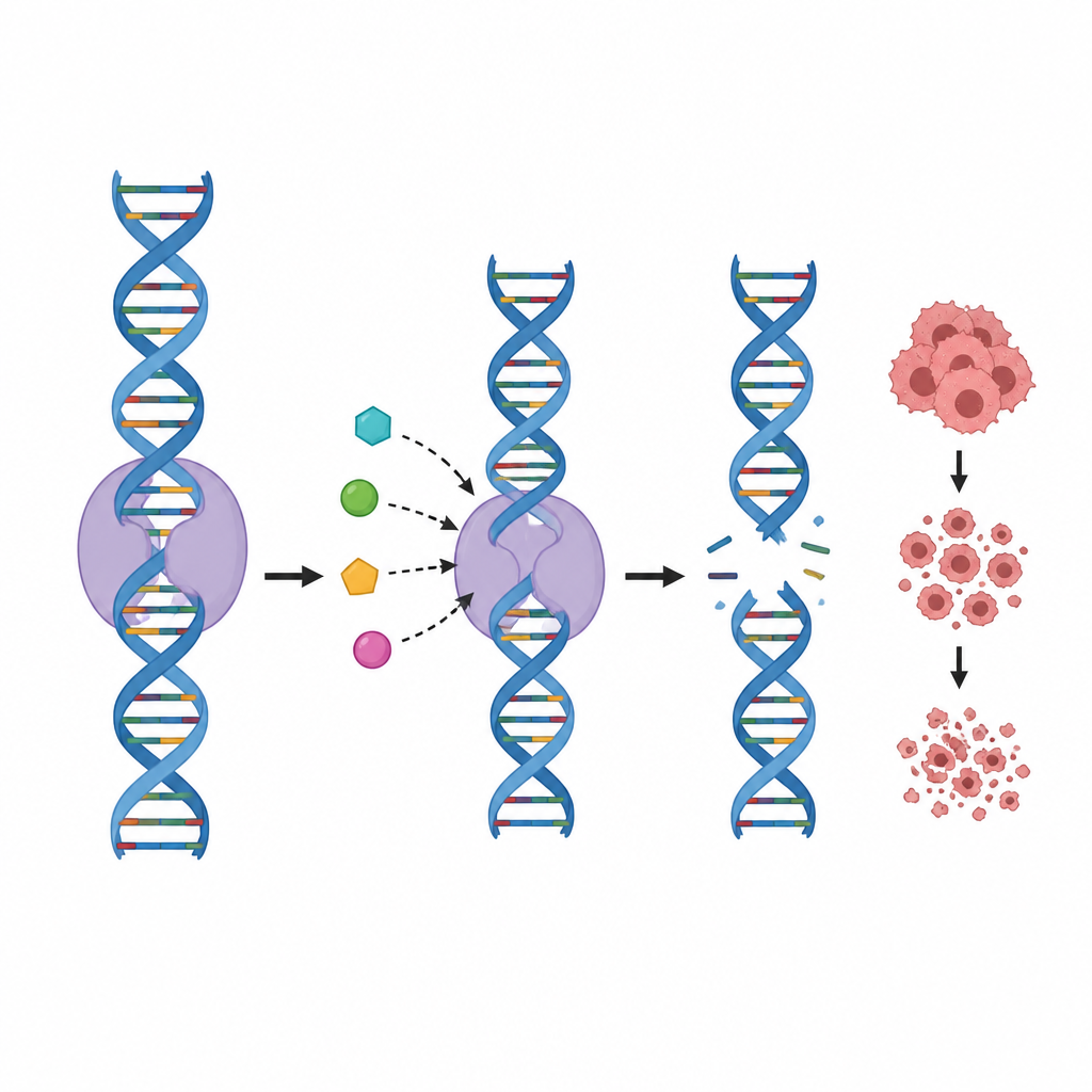 Figure 2. Il legame della molecola con enzimi ausiliari del DNA porta al blocco della gestione del DNA e alla morte delle cellule tumorali.