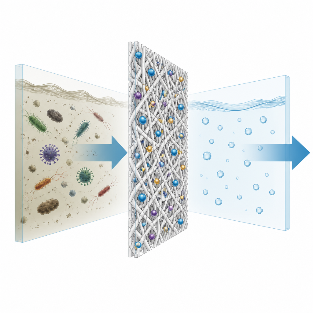 Figure 1. Contaminated water passes through a nanoparticle coated fibrous filter and comes out clear and clean.
