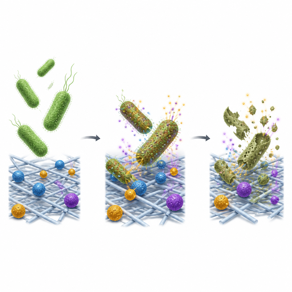 Figure 2. Nanoparticles on fine fibers attack and break apart bacteria as they touch the filter surface.