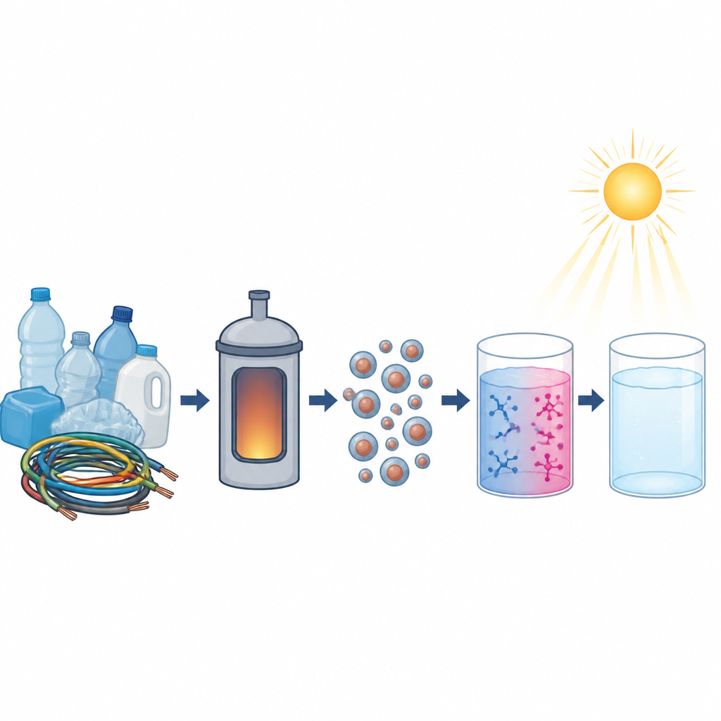 Figure 1. Huishoudelijk plastic- en draadafval getransformeerd tot lichtaangedreven deeltjes die gekleurde verontreinigingen uit water verwijderen.