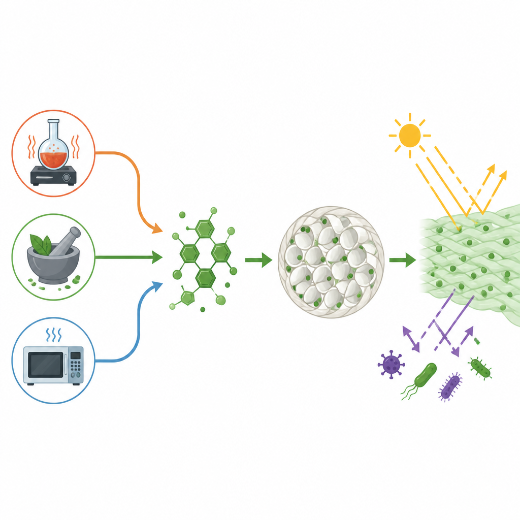 Figure 2. Le molecole coloranti prodotte con metodi green si incorporano nelle fibre di poliestere per bloccare la luce UV e ostacolare i microrganismi.