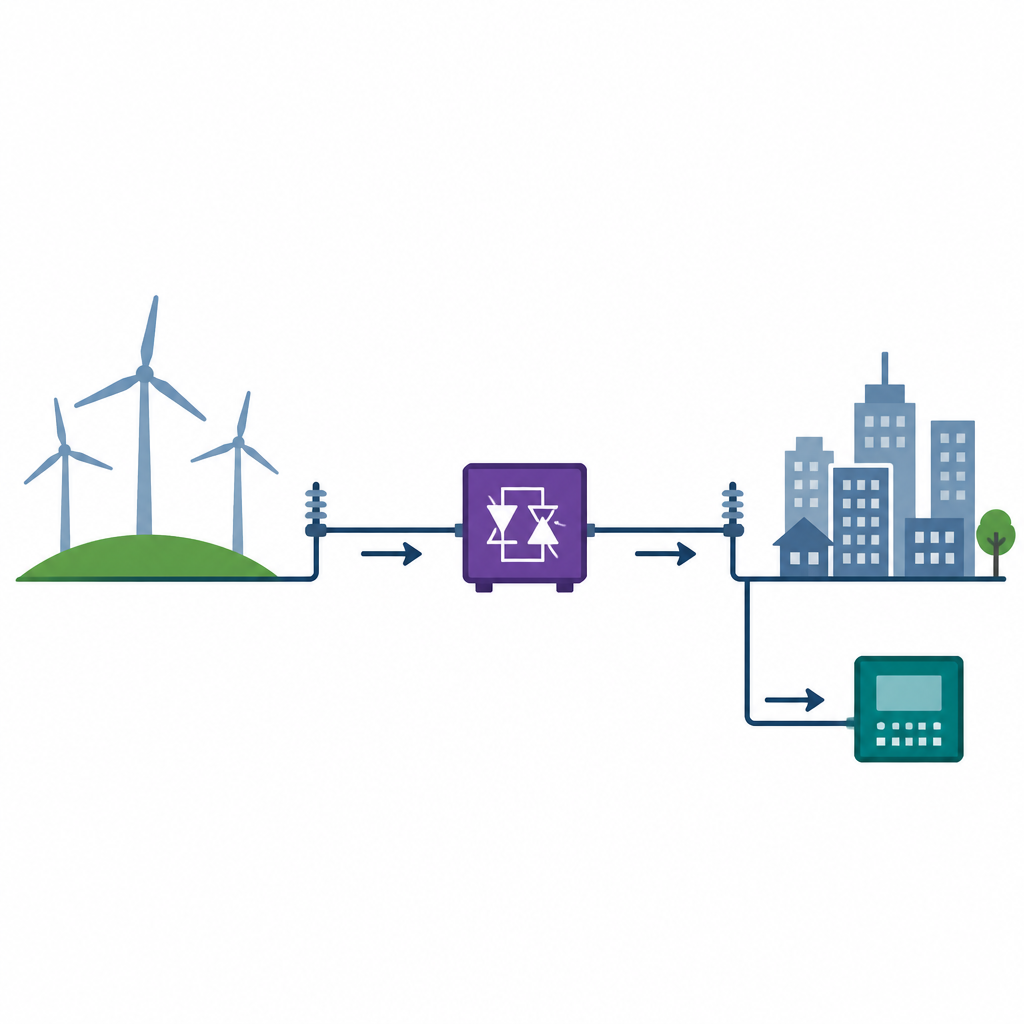 Figure 1. Wie Windparks und intelligente Leitungsgeräte zusammenwirken, um auf langen Übertragungsleitungen den Stromfluss sicher aufrechtzuerhalten.