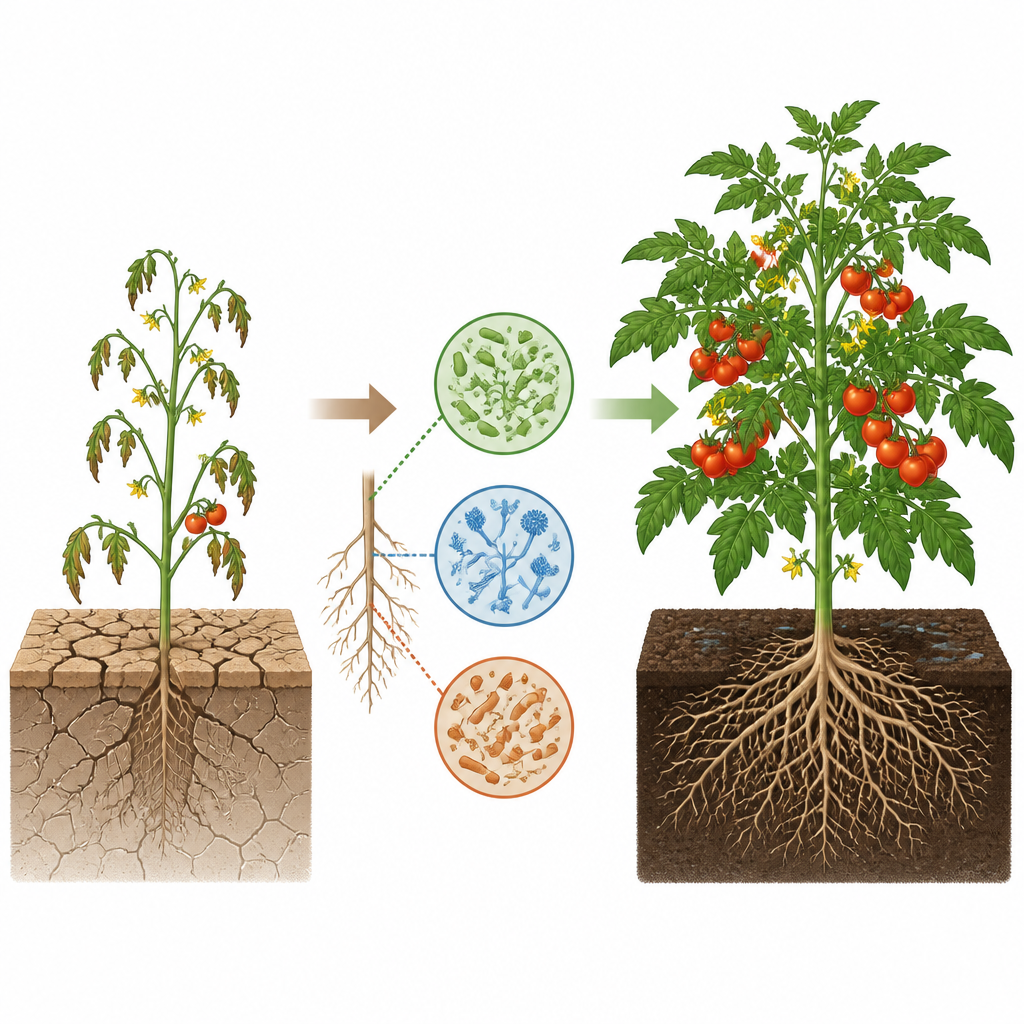 Figure 1. Behulpzame wortelmicroben helpen tomaten gezond en productief te blijven, zelfs wanneer water schaars is.