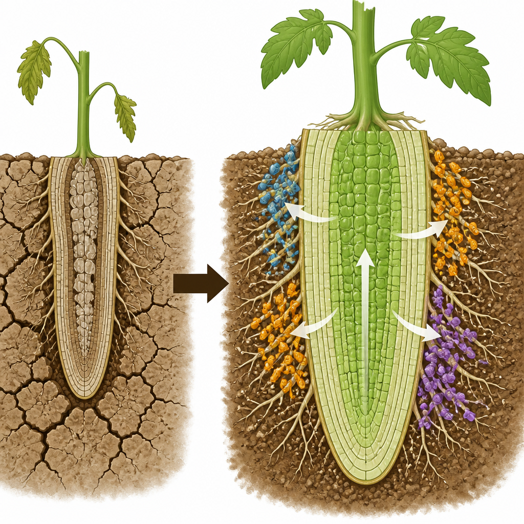 Figure 2. Microben rond tomatenwortels verbeteren wateropname en celbescherming, waardoor interne schade tijdens droogte wordt verminderd.