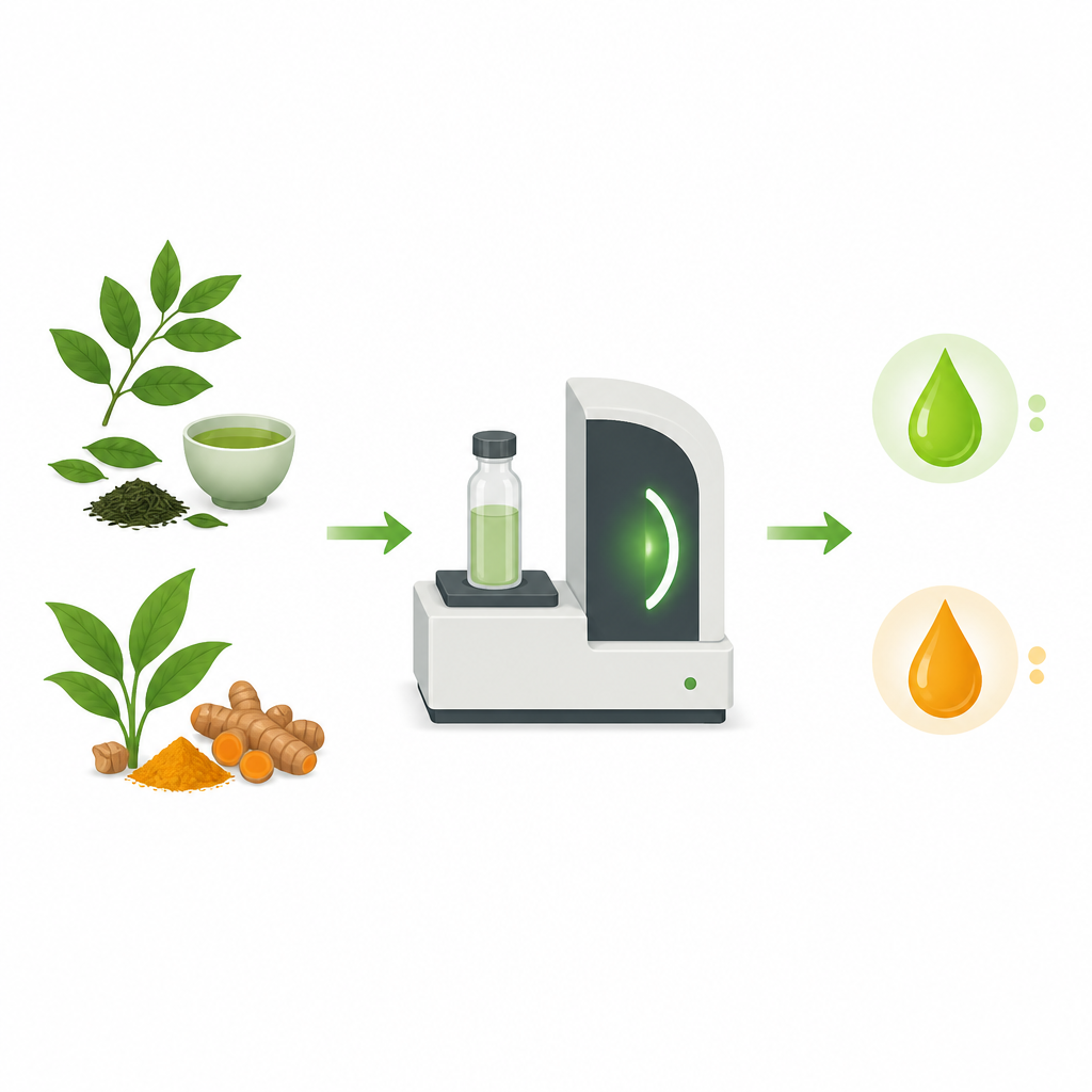 Figure 1. Jak testy oparte na świetle śledzą naturalne związki z herbaty i kurkumy w prostym, ekologicznym procesie laboratoryjnym