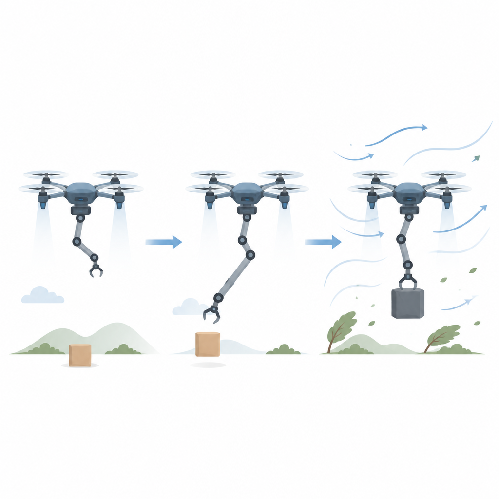 Figure 1. Hoe een drone met een robotarm stabiel blijft terwijl hij reikt en objecten draagt in veranderende wind.