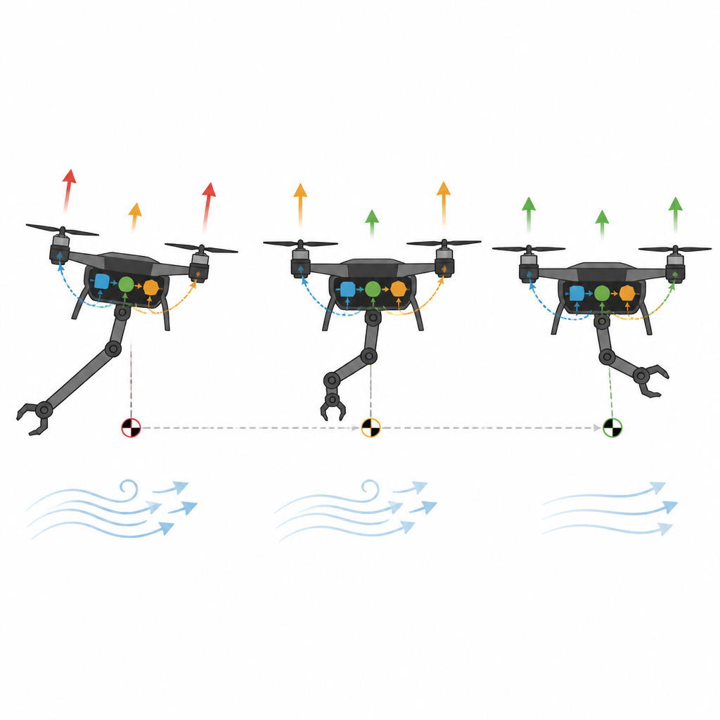 Figure 2. Hoe slimme sturing in een drone rotorkrachten aanpast naarmate de robotarm beweegt en de lading verschuift.