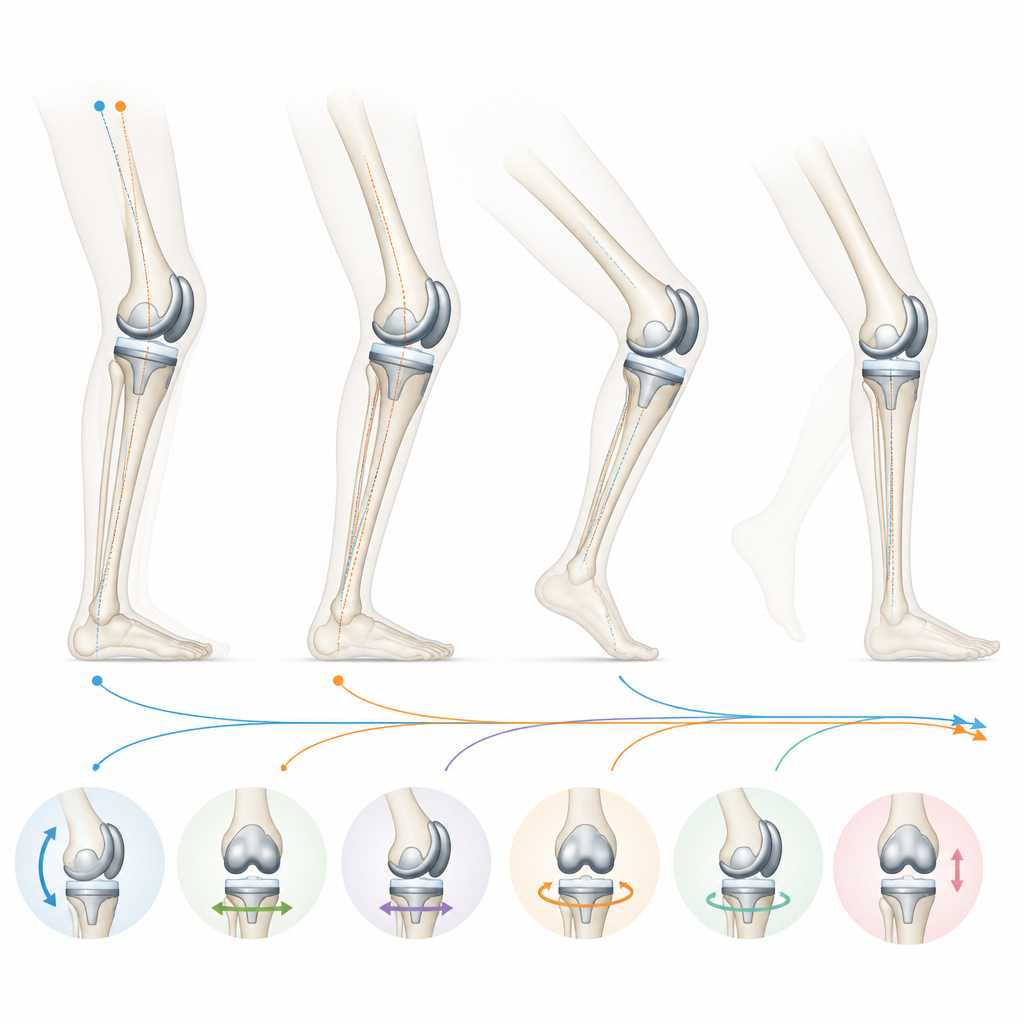 Figure 2. Hoe een vervangen knie zich door loopstappen beweegt en hoe twee uitlijningsstijlen die beweging in zes richtingen beïnvloeden.