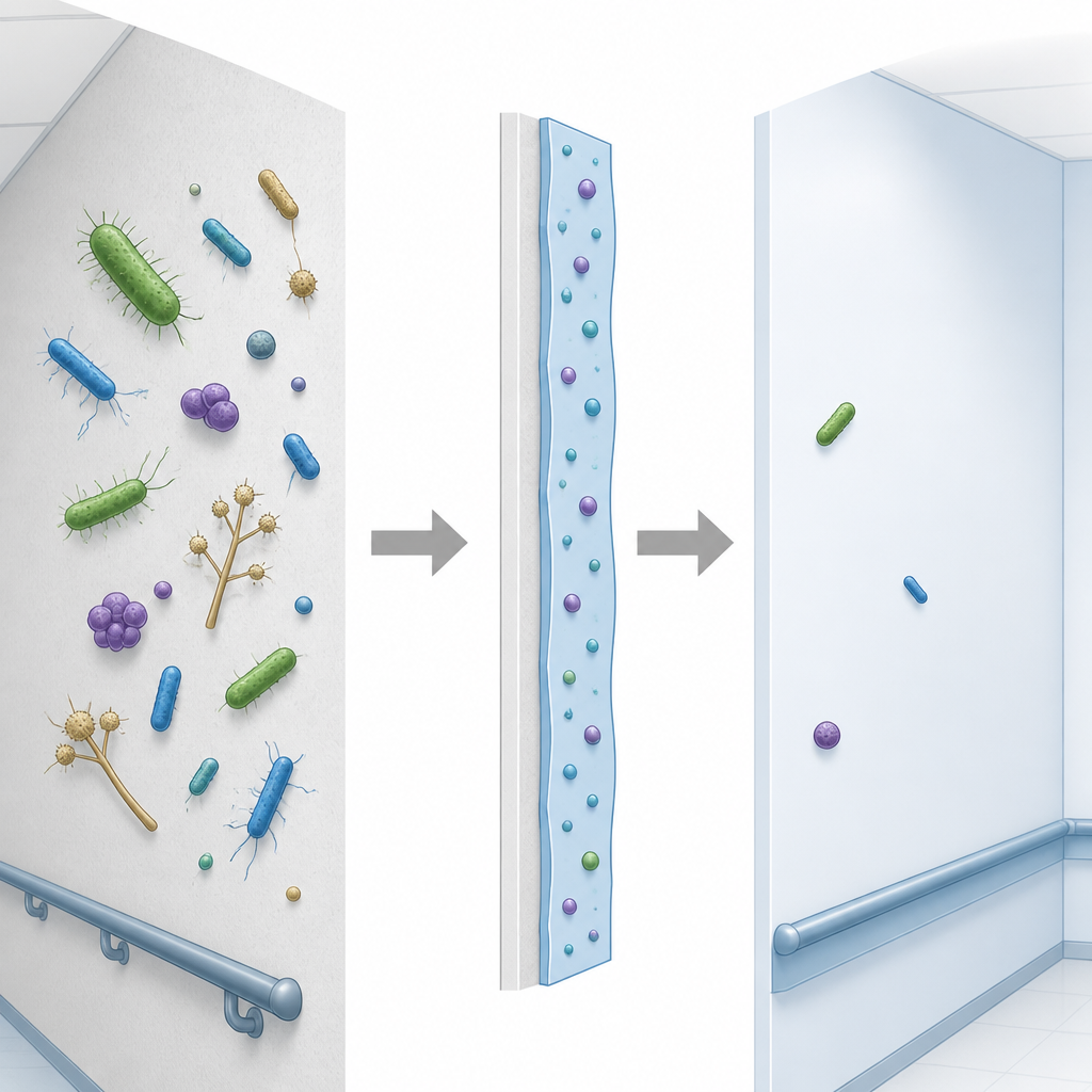 Figure 1. Superfici verniciate con agenti antibatterici integrati mantengono i muri più puliti impedendo a batteri e funghi di insediarsi e crescere.