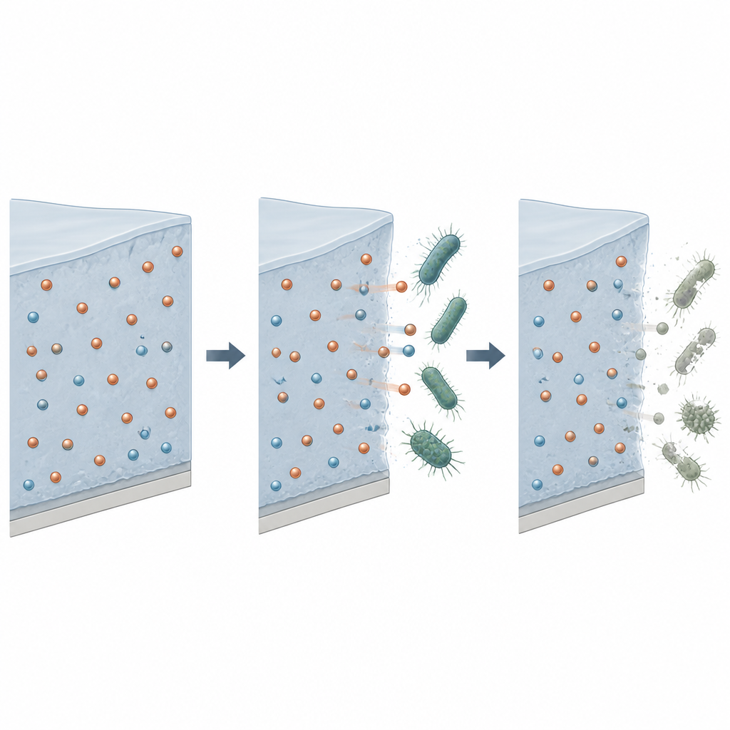 Figure 2. Particelle ricche di metallo in un film verniciante agiscono lentamente sui microrganismi superficiali vicini, danneggiandoli mentre il rivestimento rimane intatto.