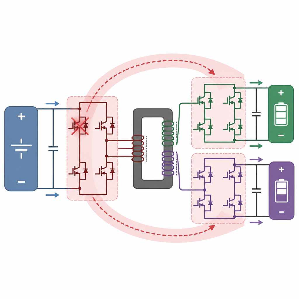 Figure 1. Энергия от одного источника проходит через общий преобразователь, чтобы безопасно заряжать две батареи одновременно.