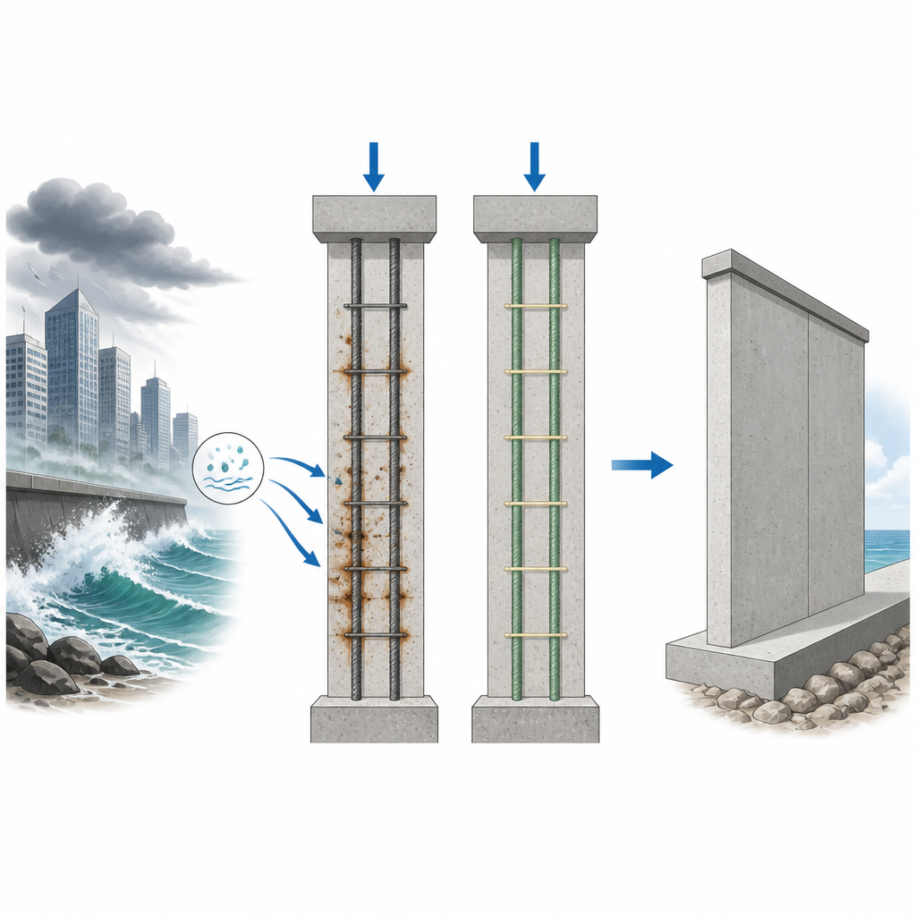Figure 1. Concrete walls with glass fiber bars resist harsh environments better than steel reinforced walls at slightly lower strength.