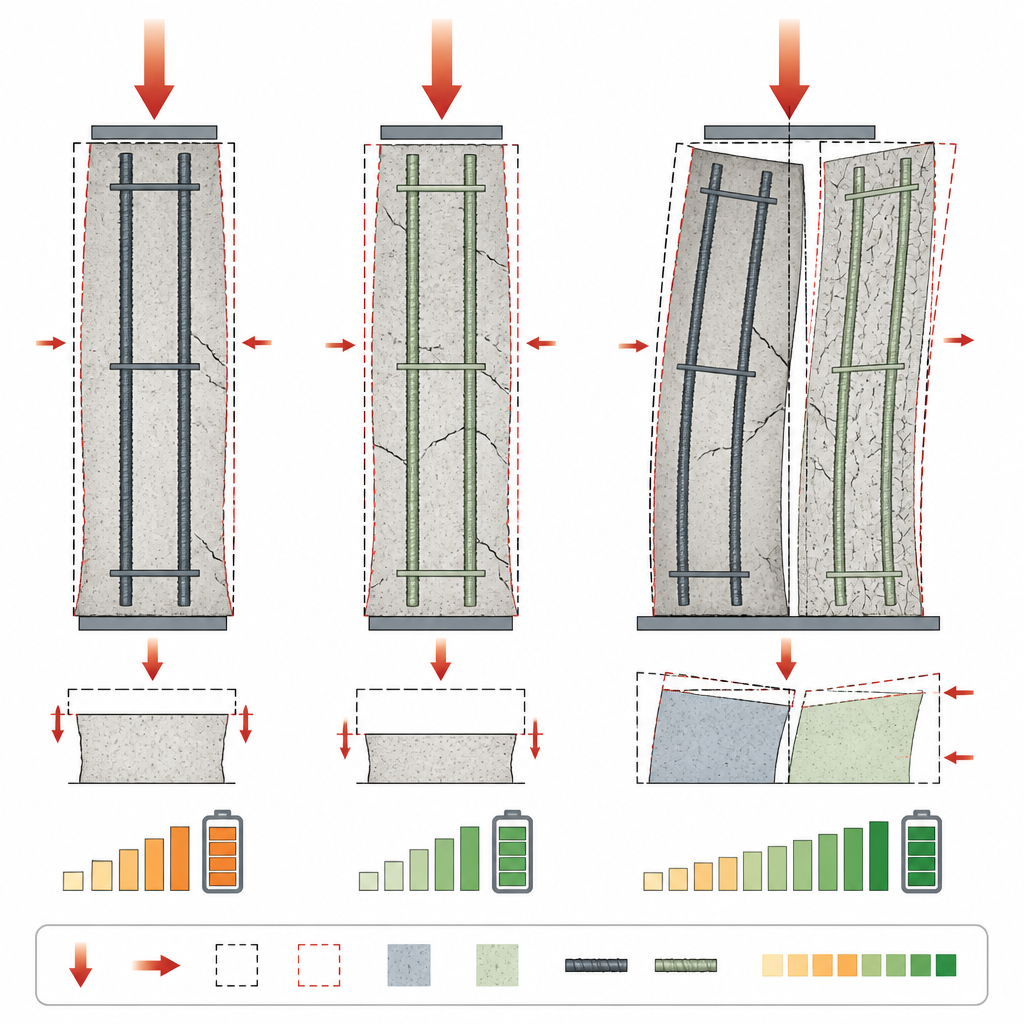 Figure 2. Under centered and off centered loads, glass fiber reinforced walls show lower strength but stable cracking and ductility.