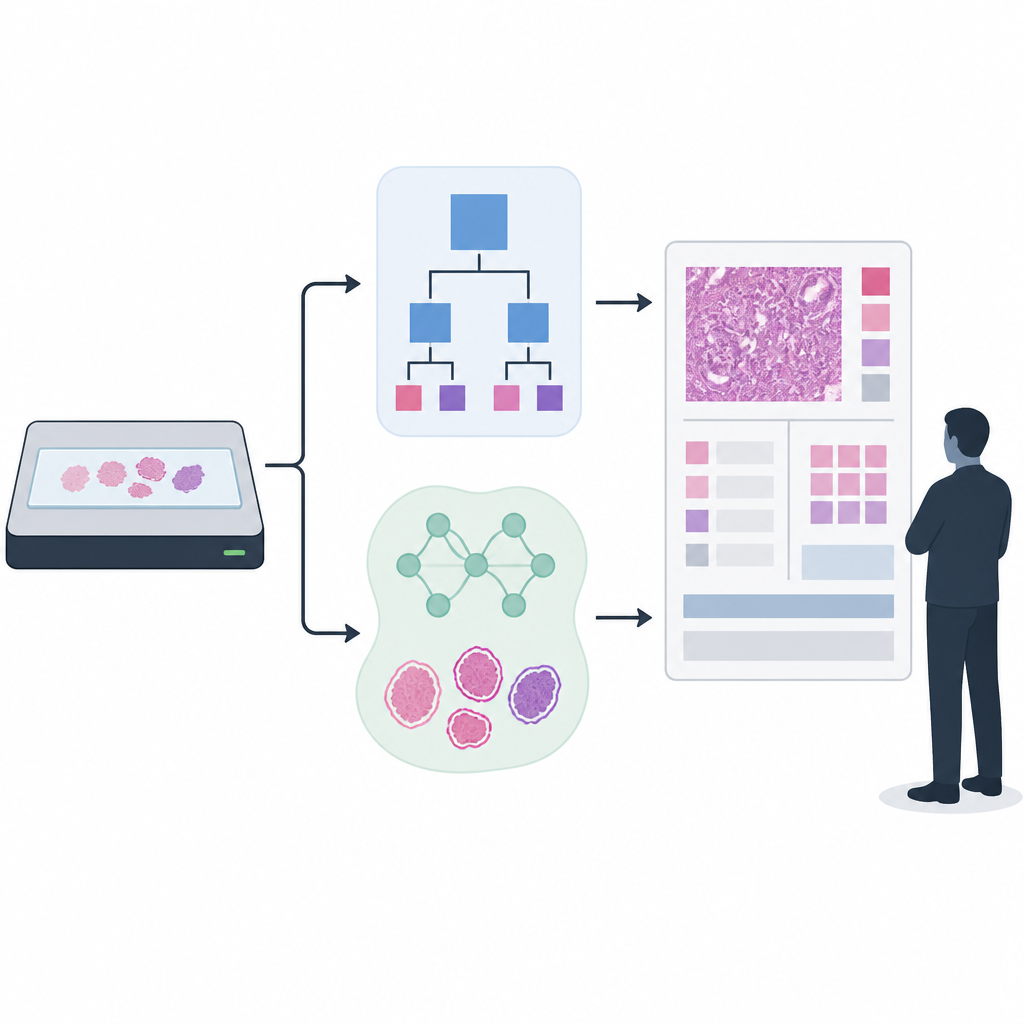 Figure 1. Hoe prostaatbiopsies van scannen via weefseldetectie naar AI-gebaseerde tumorklassificatie verlopen.