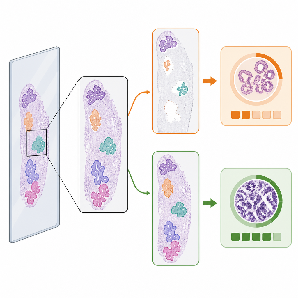 Figure 2. Hoe vollediger weefseldetectie op een biopsiestrip de door AI geschatte kankergraad kan veranderen in vergelijking met ontbrekend weefsel.