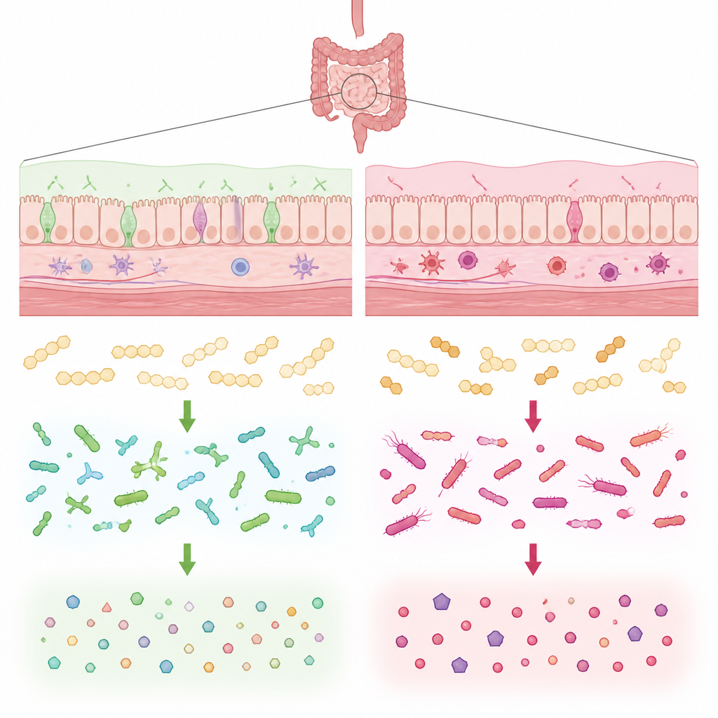 Figure 2. How gut bacteria in IBS process food differently, shifting digestive chemicals inside the intestine.