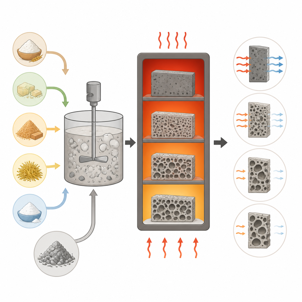 Figure 2. Jak różne naturalne składniki spieniające wpływają na wielkość porów, wytrzymałość i przepływ ciepła w recyklingowanych blokach ceramicznych z betonu.