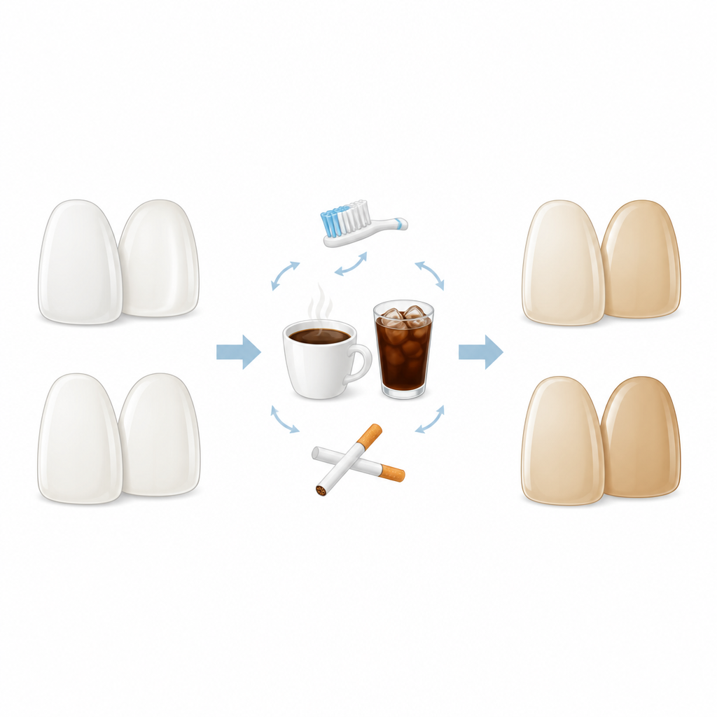 Figure 1. Wie tägliches Zähneputzen sowie Kaffee- oder Tabakgewohnheiten das Erscheinungsbild keramischer Zahnveneers im Laufe der Zeit verändern