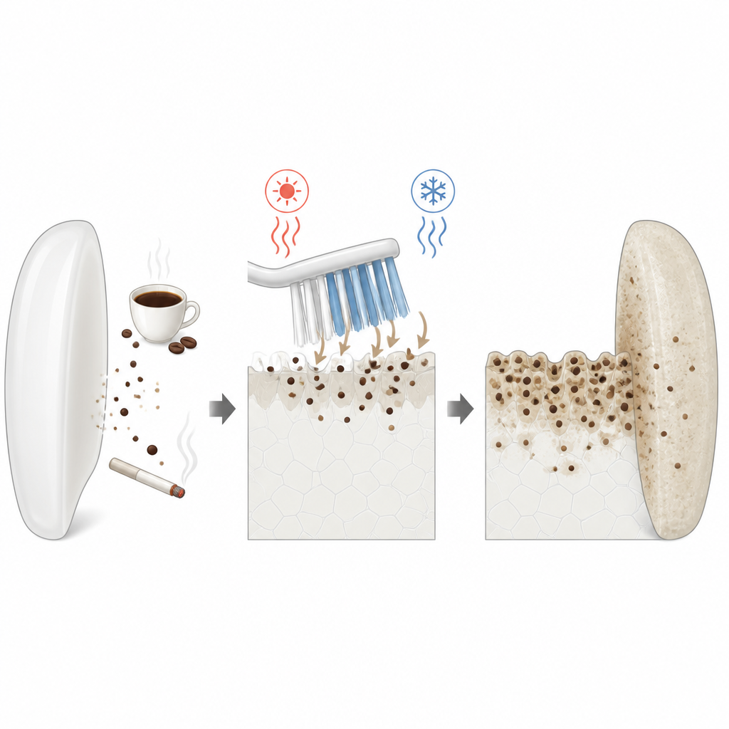 Figure 2. Wie Pigmente aus Kaffee und Tabak sich während des Putzens und durch Temperaturwechsel an keramischen Veneer-Oberflächen anlagern