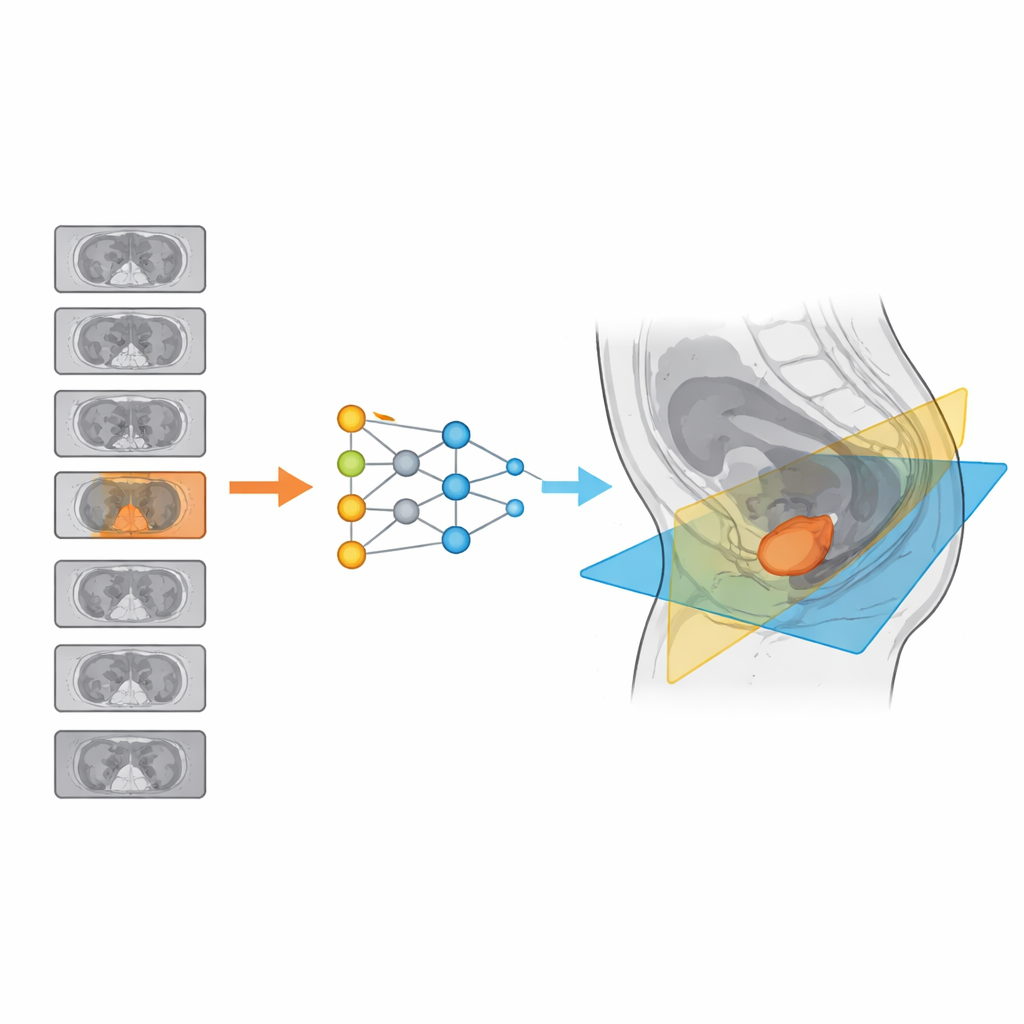 Figure 2. AI selecteert de beste prostaatdoorsnede en zet vervolgens twee schuine scanvakken neer om de klier duidelijk en consistent vast te leggen.