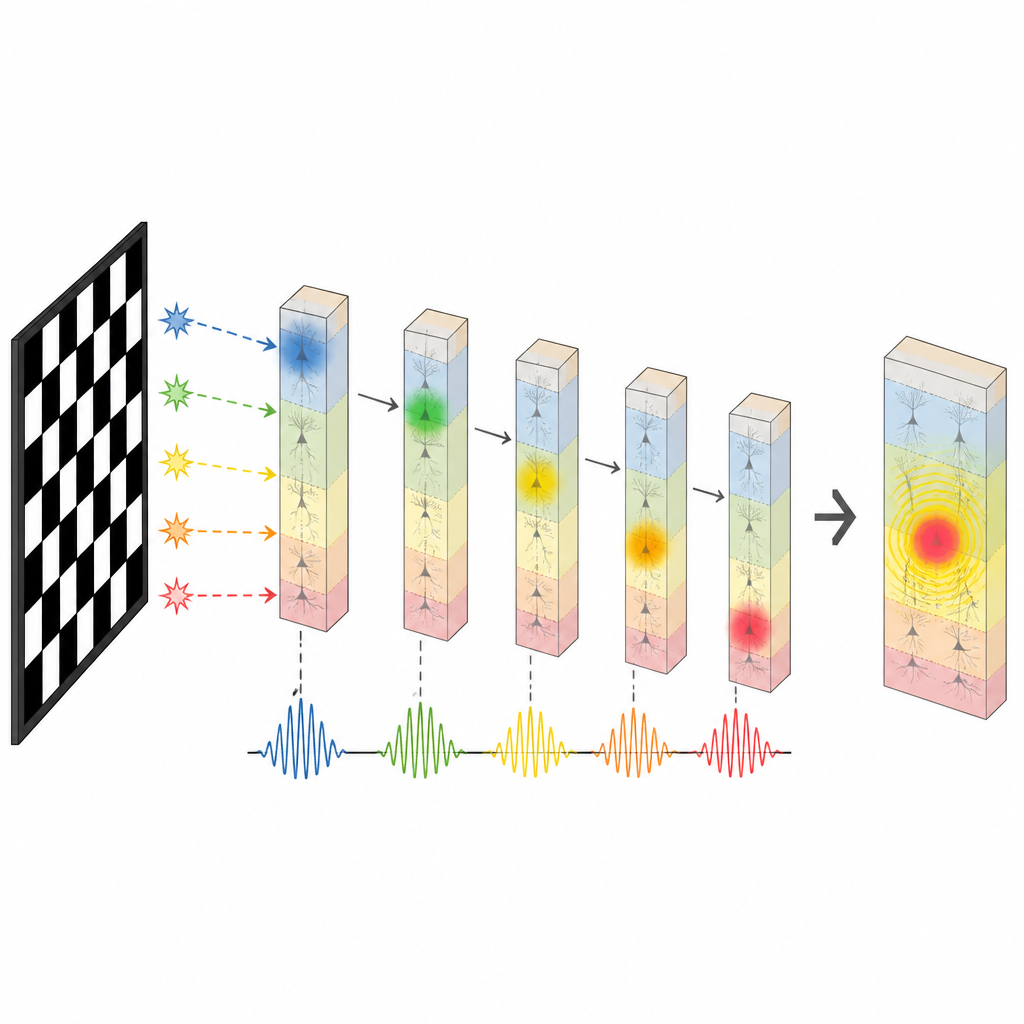 Figure 2. Overlapping waves of activity from neighboring visual spots combine in cortex to create stronger high frequency brain power.