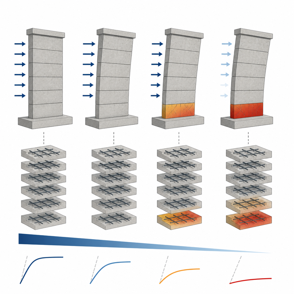 Figure 2. Step-by-step view of how bending cracks, strain, and stiffness changes spread along a concrete wall as earthquake loading increases.