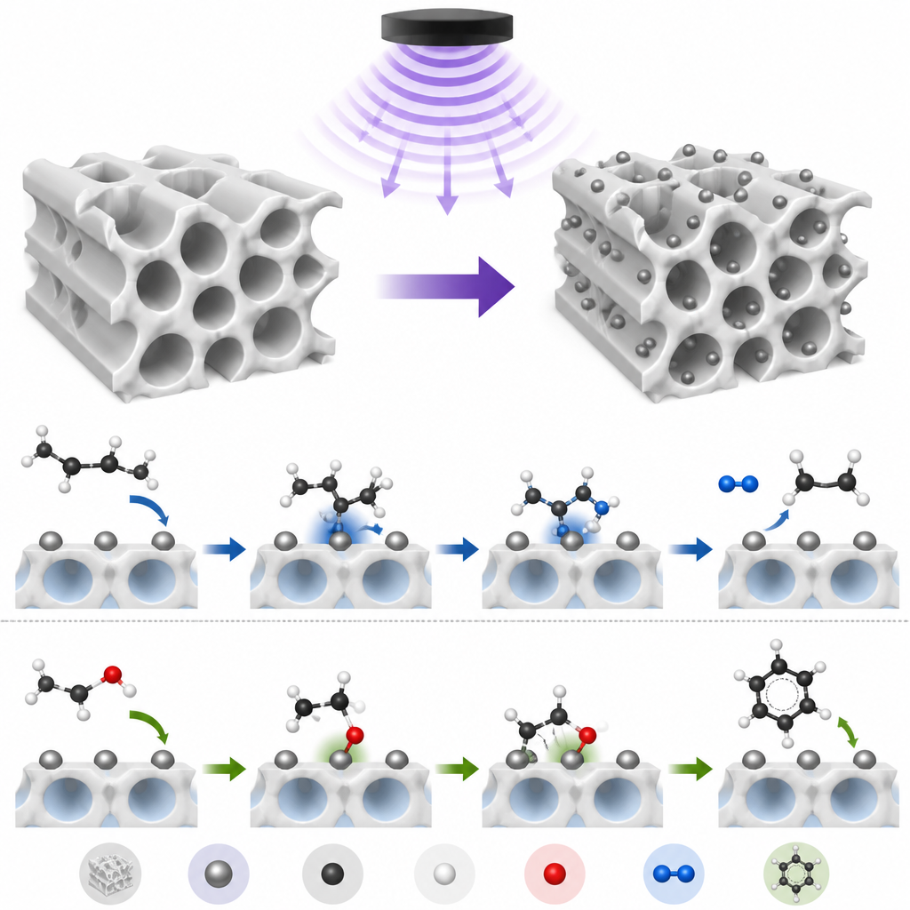 Figure 2. Wie die Mikrowellenbehandlung Platin‑Nanopartikel in porösem Alumina anordnet, um Hexan, Cyclohexan und Ethanol in nützliche Produkte umzuwandeln.