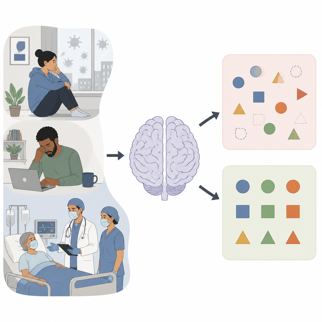Figure 1. How pandemic stress and illness severity relate to changes in short term memory after COVID infection.