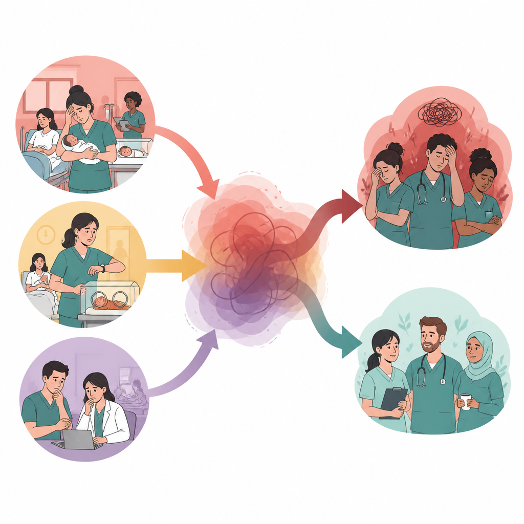 Figure 2. Hoe herhaalde stressvolle zorggebeurtenissen zich kunnen combineren tot een hoge emotionele last voor bepaalde medewerkers in de moeder‑ en neonatale zorg.