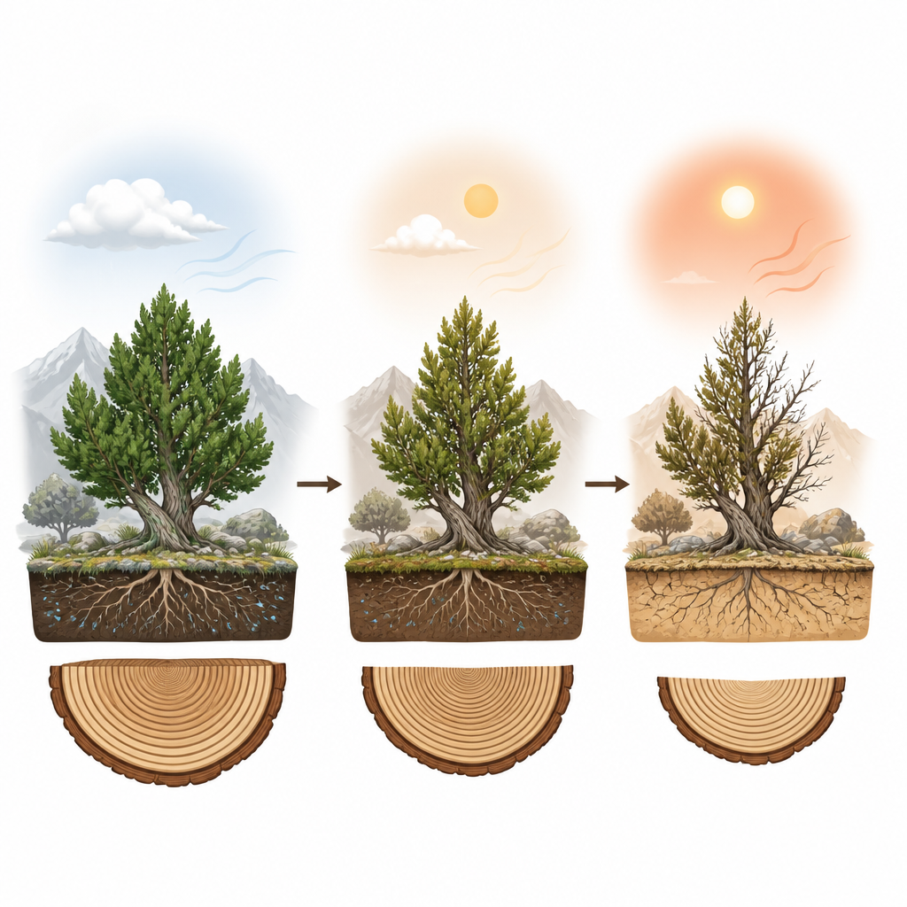 Figure 2. Kuru toprak ile kuru havanın bir ardıç ağacını nasıl farklı şekilde zayıflattığı ve yıllık büyüme halkalarını nasıl küçülttüğü.