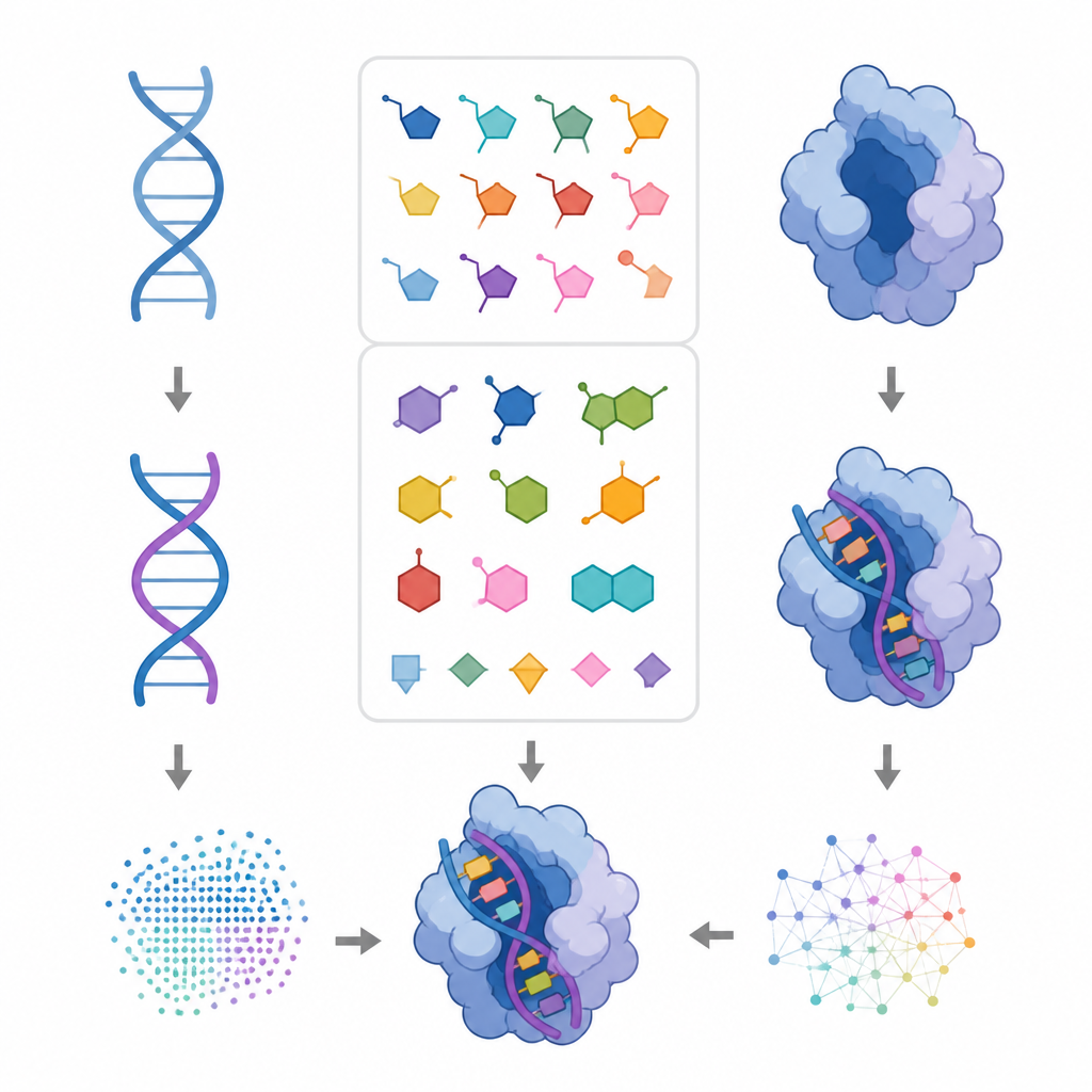 Figure 1. Designsoftware verwendet einen neuen Formkatalog, um DNA, RNA und Proteine auf einem gemeinsamen Struktur‑Backbone gemeinsam zu entwerfen.