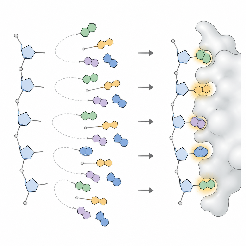 Figure 2. Bevorzugte Basenformen von DNA und RNA werden entlang eines festen Backbones ausgewählt, um am besten zu einer benachbarten Proteinoberfläche zu passen und mit ihr zu interagieren.