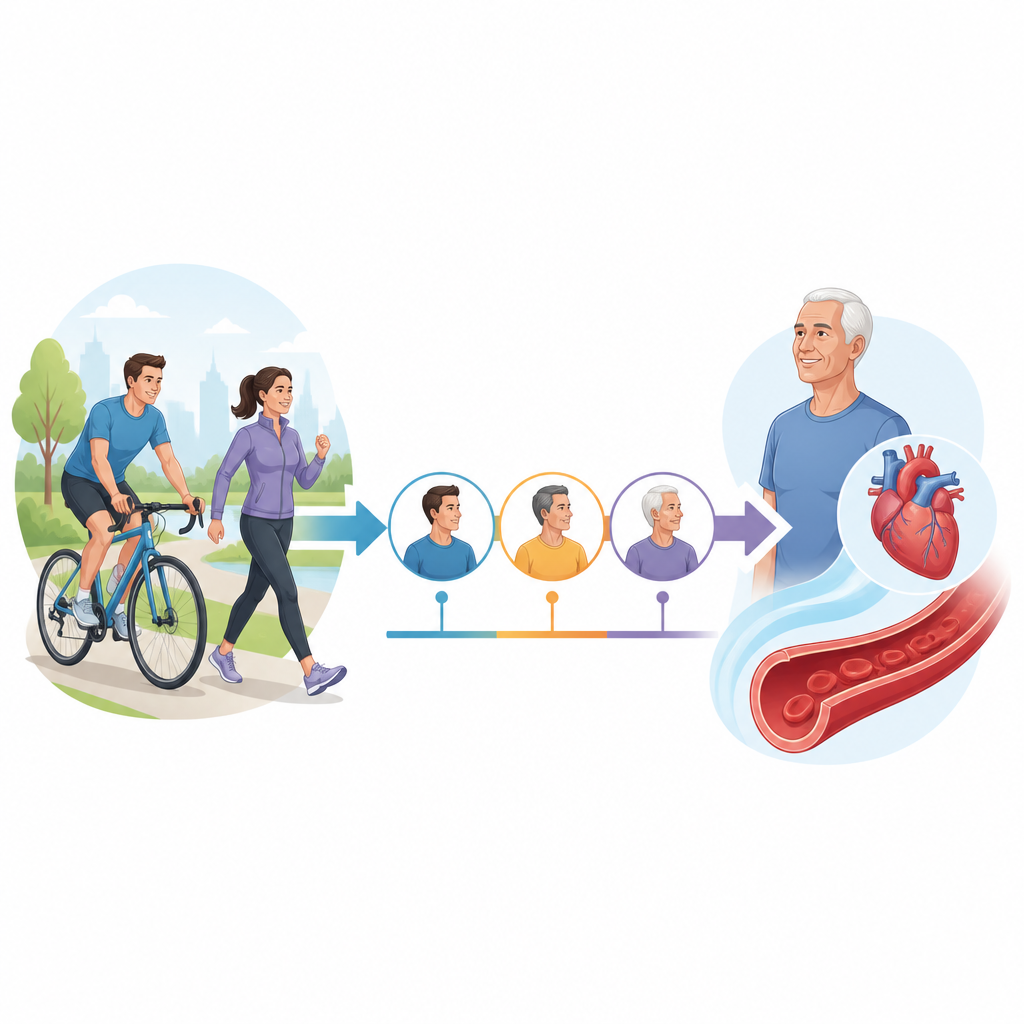 Figure 1. Van actief middenleven naar flexibele slagaders op latere leeftijd, en hoe langdurige fitheid hart- en vaatgezondheid vormt.