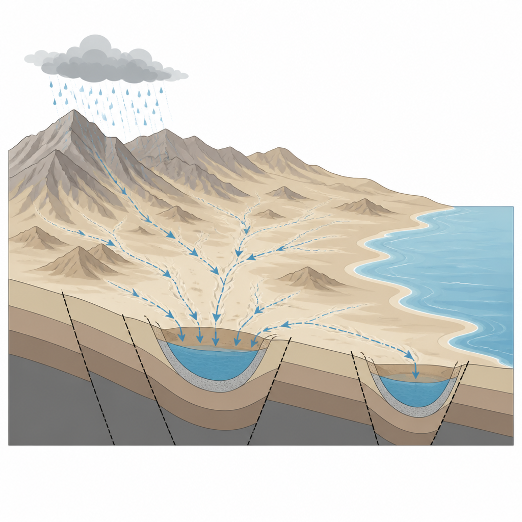 Figure 1. Wie Wüstenregen, Täler und tiefe Gesteinsstrukturen zusammenwirken, um die besten unterirdischen Wasserzonen zu schaffen.