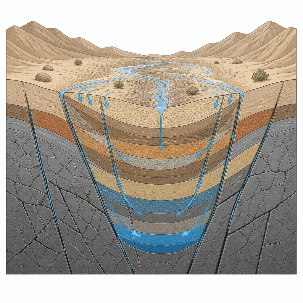 Figure 2. Wie Wasser aus Sturzfluten entlang von Brüchen in tief mit Sediment gefüllte Becken versickert, wo sich Grundwasser ansammeln kann.