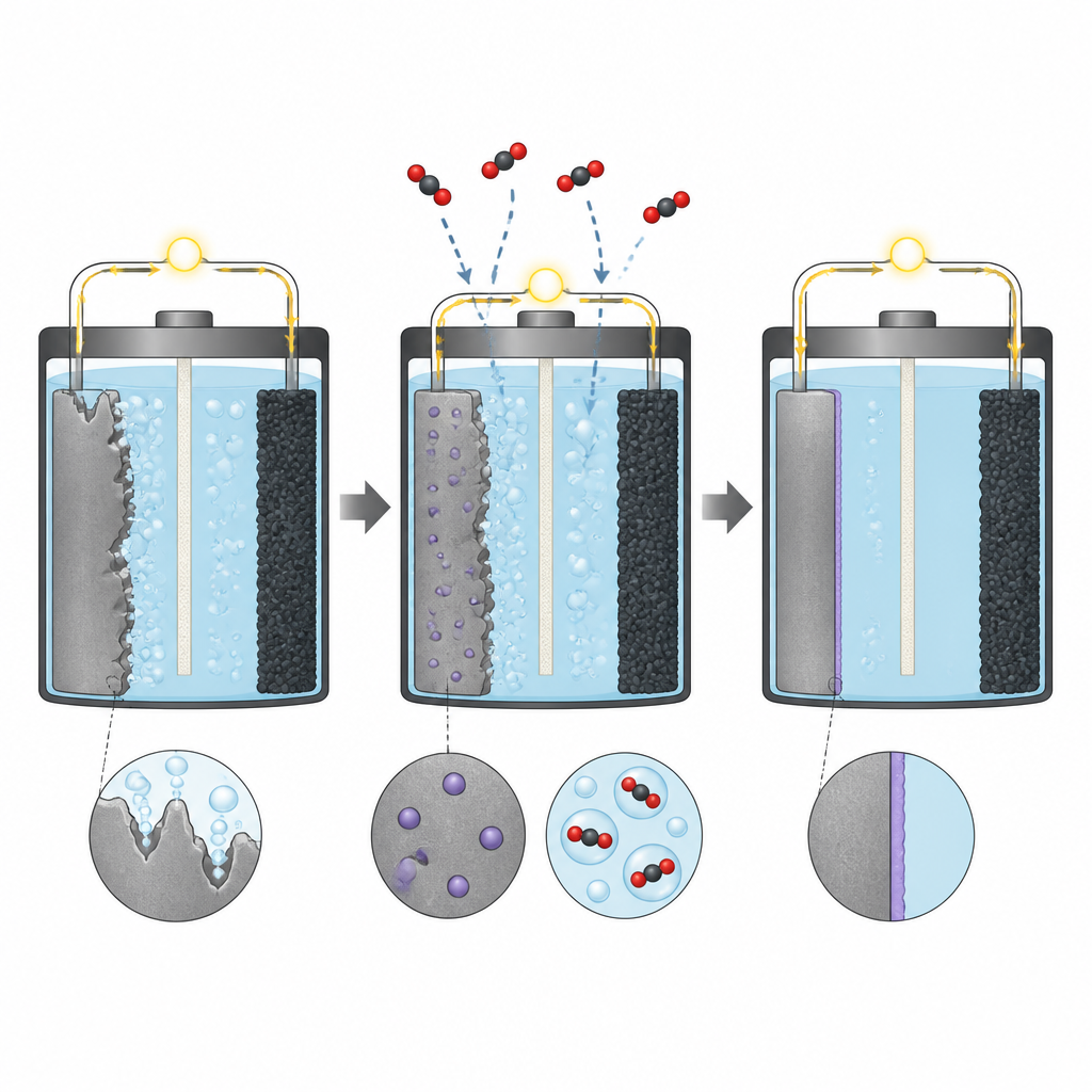 Figure 1. הוספות זעירות של בביסמוט ו-CO2 פועלות יחד כדי להגן על אנודות האבץ ולהאריך את חיי הסוללה האלקלינית.