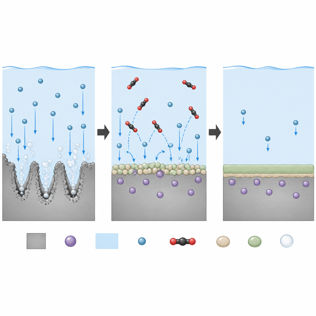 Figure 2. מבט מקרוב על האופן שבו בביסמוט ו-CO2 בונים סרט מגן על האבץ, מקטינים קורוזיה והיווצרות בועות גז.