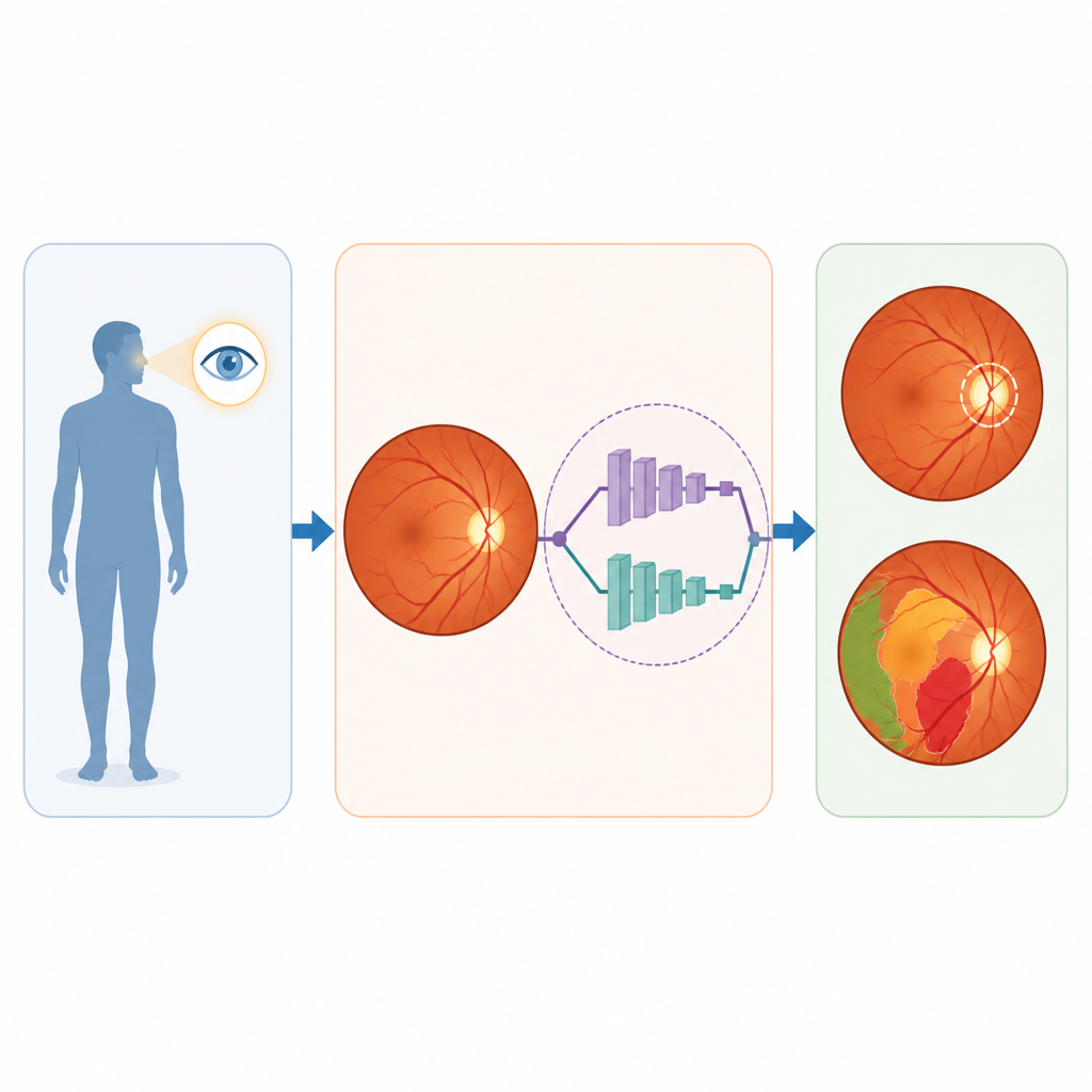 Figure 1. Un único sistema de IA analiza fotos retinianas para trazar un hito ocular clave y valorar el daño diabético en un solo paso.