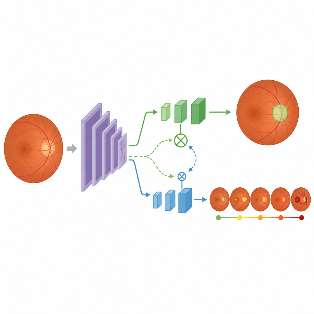 Figure 2. Dentro del modelo, las características compartidas de la imagen se canalizan mediante compuertas hacia dos vías que refinan conjuntamente el contorno del disco óptico y el estadio de la enfermedad.