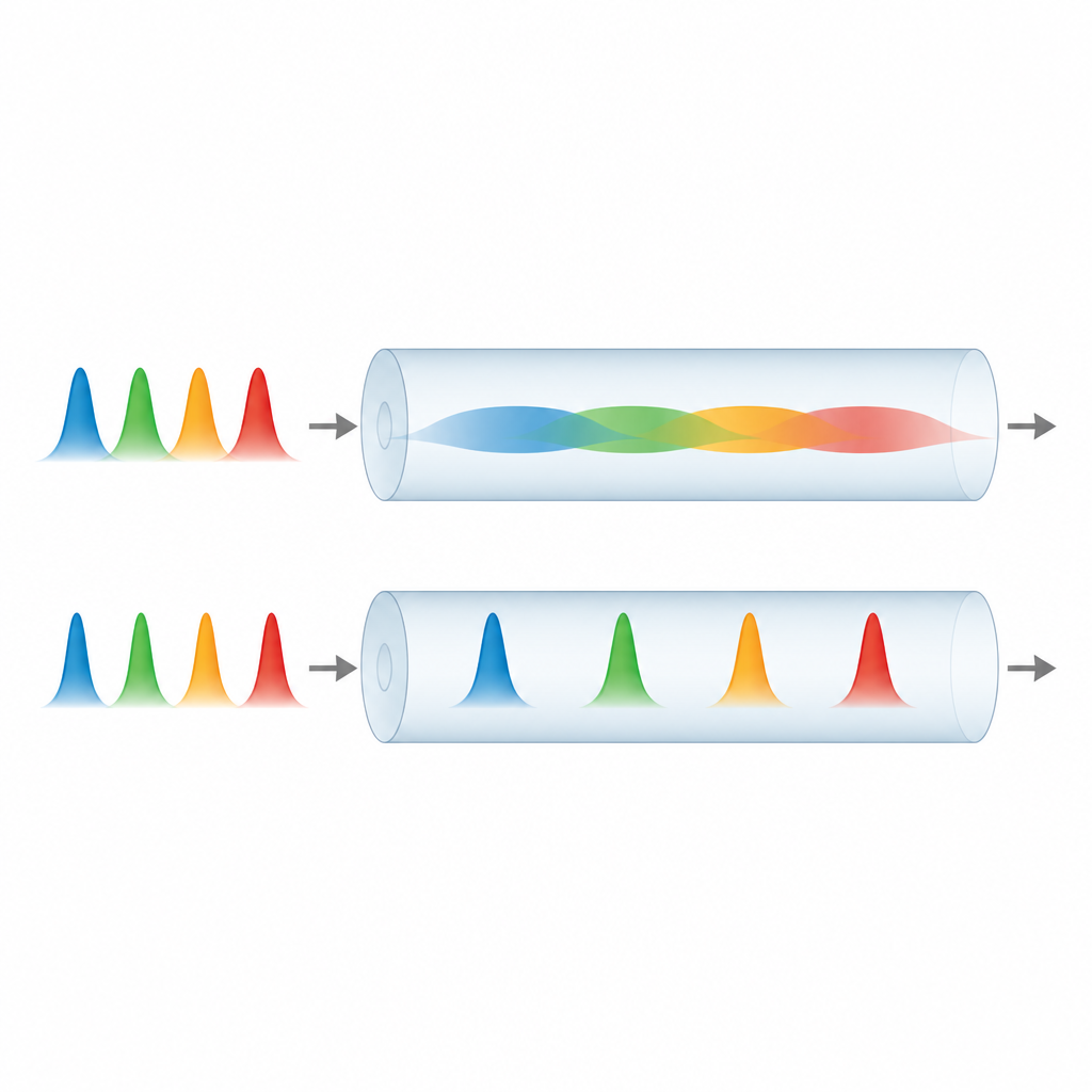 Figure 1. Light pulses in special fibers can travel long distances while keeping their shape instead of spreading out.