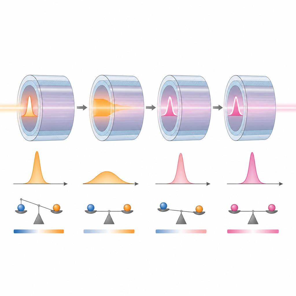 Figure 2. A delicate balance between pulse spreading and nonlinear focusing lets a distorted light pulse settle into a stable soliton.