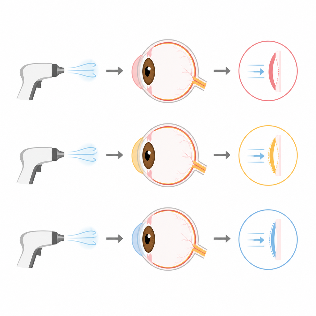 Figure 1. Healthy children’s eyes bend more under an air puff than adult eyes, even when shape and thickness look the same.